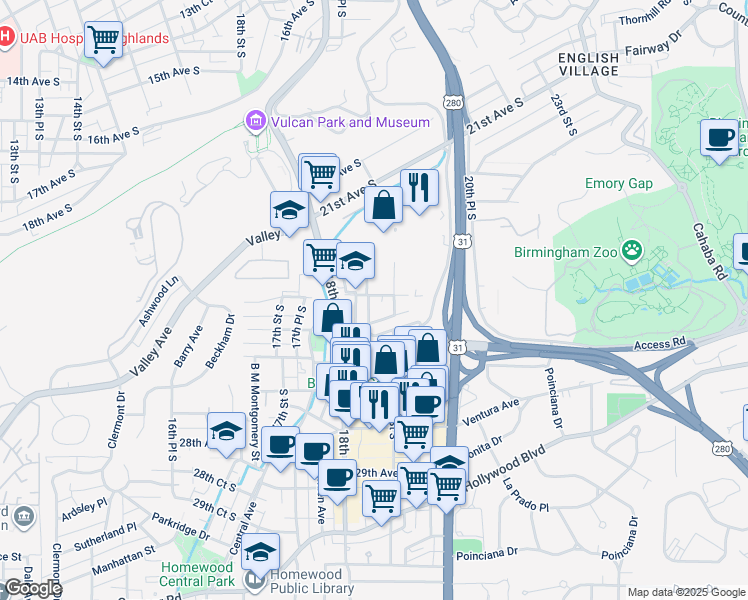 map of restaurants, bars, coffee shops, grocery stores, and more near 1831 25th Court South in Birmingham