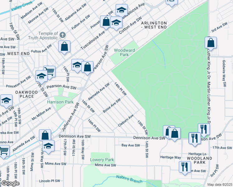 map of restaurants, bars, coffee shops, grocery stores, and more near 1120 15th Street Southwest in Birmingham