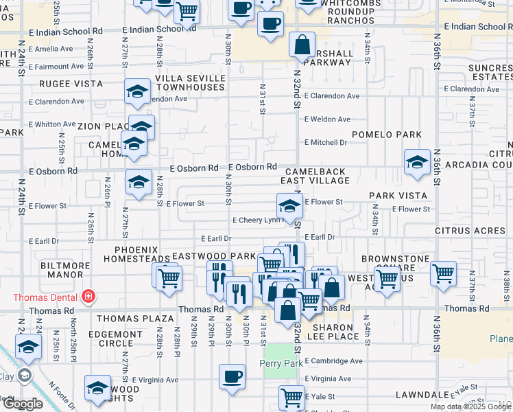 map of restaurants, bars, coffee shops, grocery stores, and more near 3039 East Flower Street in Phoenix