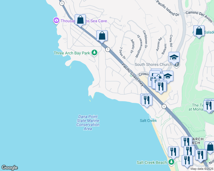 map of restaurants, bars, coffee shops, grocery stores, and more near 92 Monarch Bay Drive in Dana Point