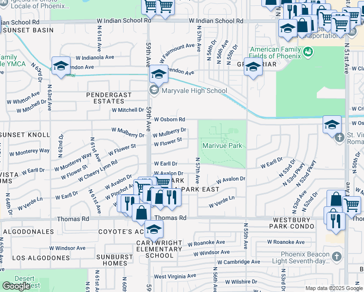 map of restaurants, bars, coffee shops, grocery stores, and more near 5714 West Cheery Lynn Road in Phoenix
