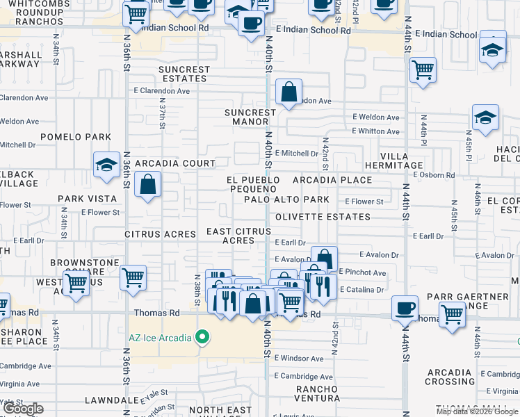map of restaurants, bars, coffee shops, grocery stores, and more near 3937 East Flower Street in Phoenix