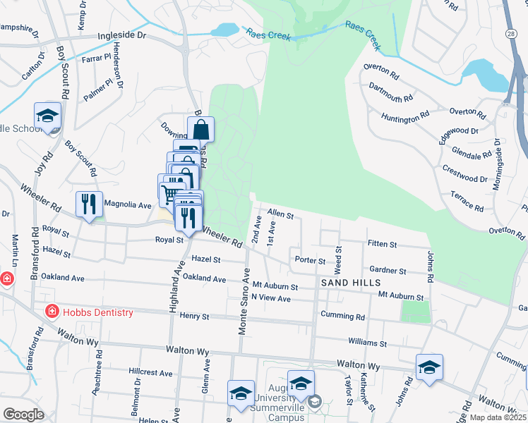map of restaurants, bars, coffee shops, grocery stores, and more near 501 2nd Avenue in Augusta