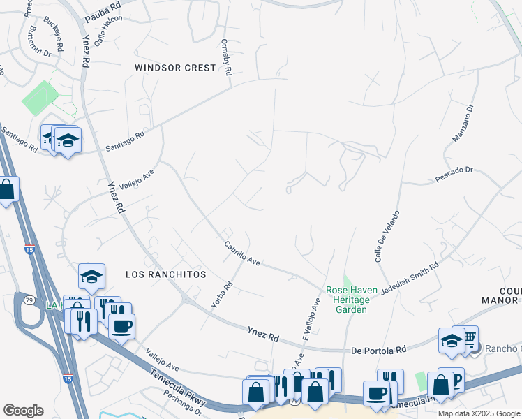 map of restaurants, bars, coffee shops, grocery stores, and more near 44080 Jeramie Drive in Temecula