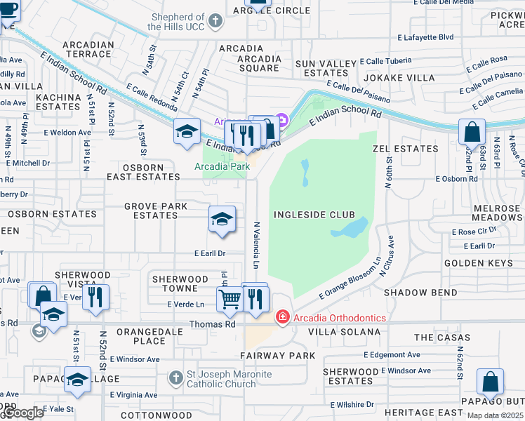 map of restaurants, bars, coffee shops, grocery stores, and more near 3311 North Valencia Lane in Phoenix