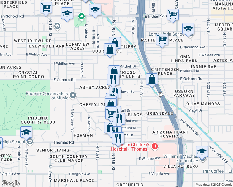 map of restaurants, bars, coffee shops, grocery stores, and more near in Phoenix