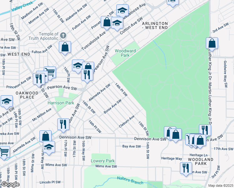map of restaurants, bars, coffee shops, grocery stores, and more near 1120 15th Street Southwest in Birmingham