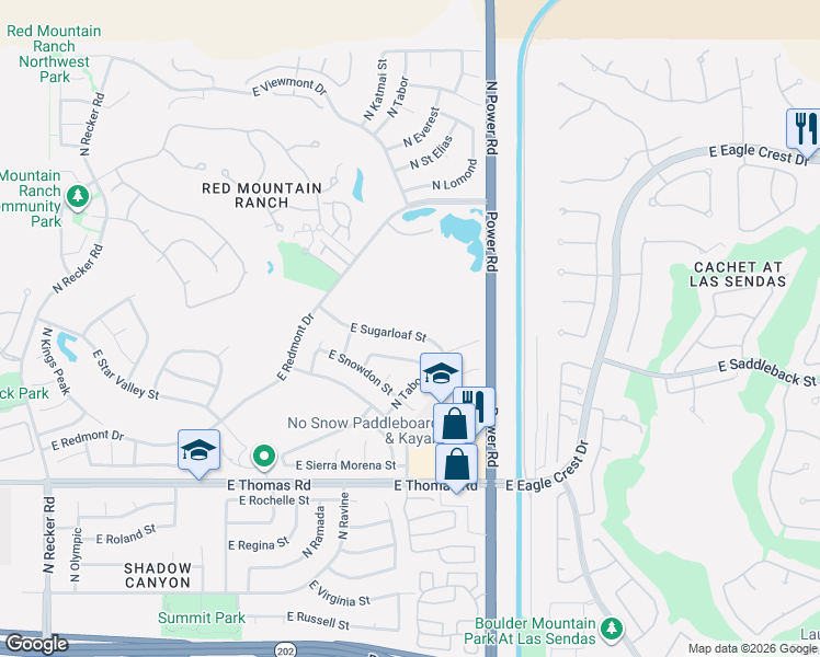 map of restaurants, bars, coffee shops, grocery stores, and more near 6638 East Sugarloaf Street in Mesa