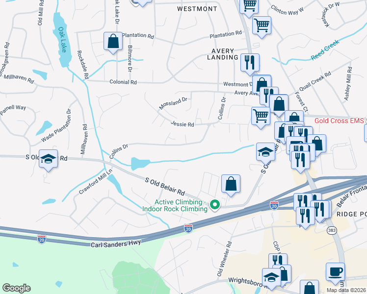 map of restaurants, bars, coffee shops, grocery stores, and more near 1434 Collins Drive in Augusta