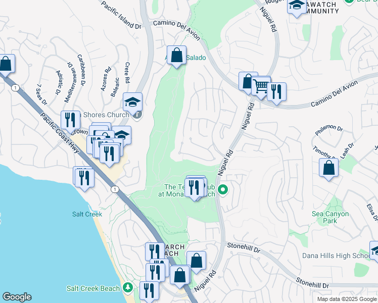 map of restaurants, bars, coffee shops, grocery stores, and more near 12 Via Monarca Street in Dana Point