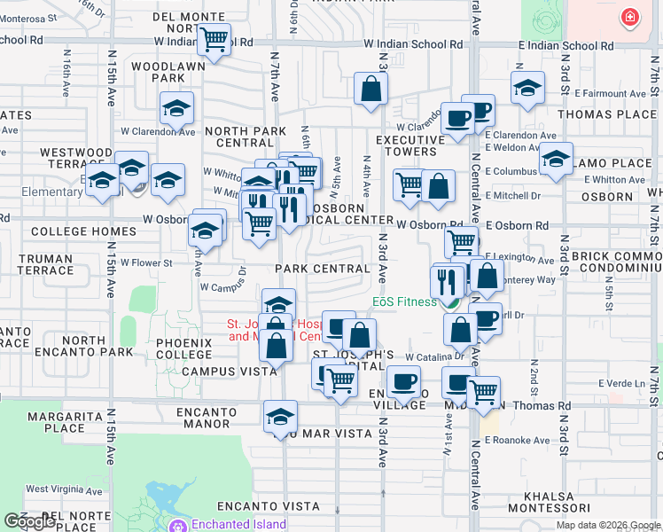 map of restaurants, bars, coffee shops, grocery stores, and more near 414 West Flower Street in Phoenix