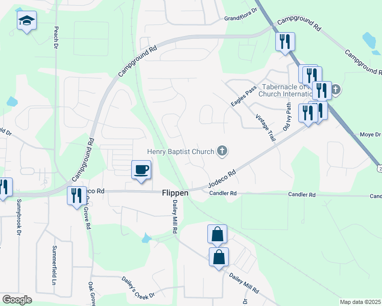 map of restaurants, bars, coffee shops, grocery stores, and more near 112 Greenland Drive in McDonough