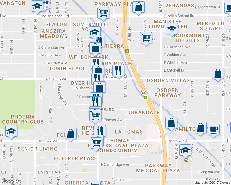 map of restaurants, bars, coffee shops, grocery stores, and more near 1725 East Flower Street in Phoenix