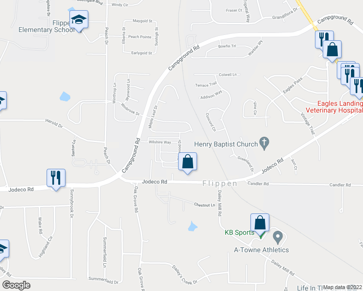 map of restaurants, bars, coffee shops, grocery stores, and more near 1217 Winwood Drive in McDonough