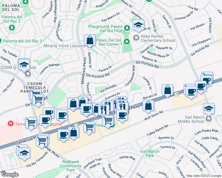 map of restaurants, bars, coffee shops, grocery stores, and more near 32451 Via Destello in Temecula