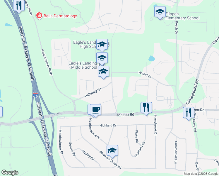 map of restaurants, bars, coffee shops, grocery stores, and more near 321 Tunis Road in McDonough