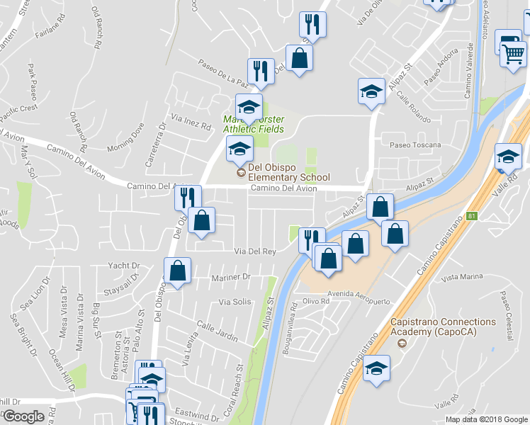 map of restaurants, bars, coffee shops, grocery stores, and more near 32852 Calle Miguel in San Juan Capistrano
