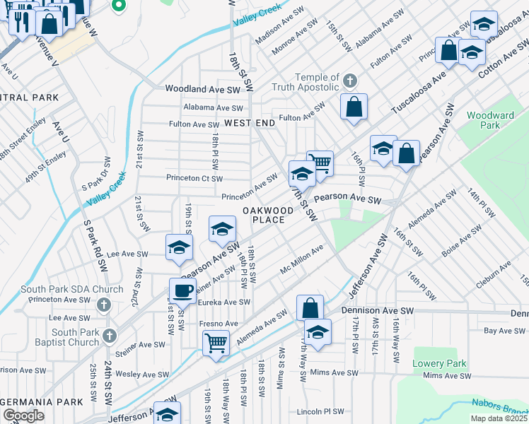 map of restaurants, bars, coffee shops, grocery stores, and more near 1749 Lee Avenue Southwest in Birmingham