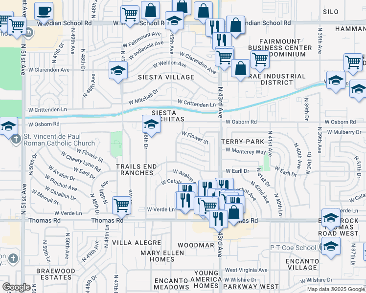 map of restaurants, bars, coffee shops, grocery stores, and more near 4429 West Monterey Way in Phoenix