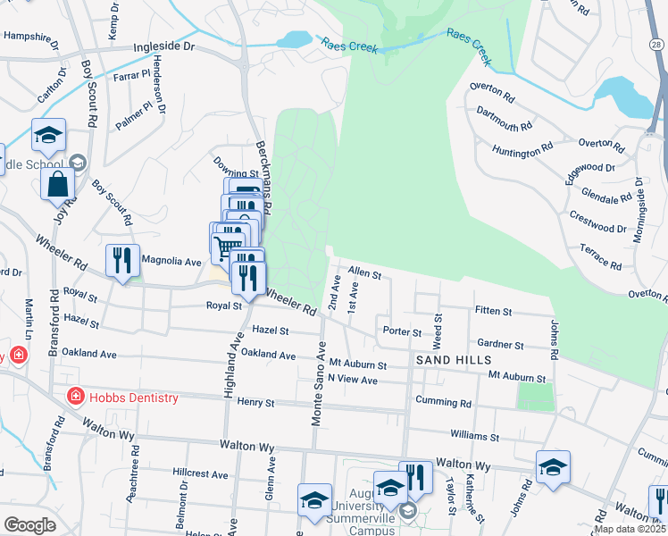 map of restaurants, bars, coffee shops, grocery stores, and more near 501 2nd Avenue in Augusta