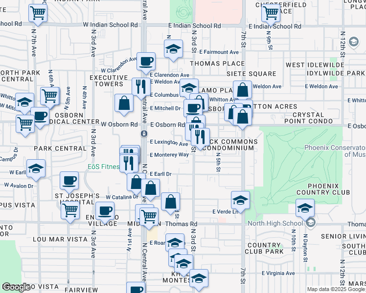 map of restaurants, bars, coffee shops, grocery stores, and more near 155 East Lexington Avenue in Phoenix