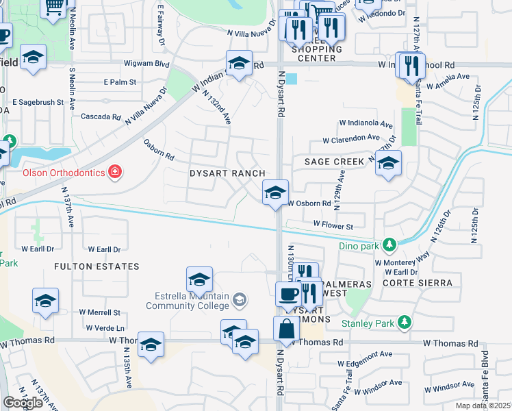 map of restaurants, bars, coffee shops, grocery stores, and more near 3400 North Dysart Road in Avondale