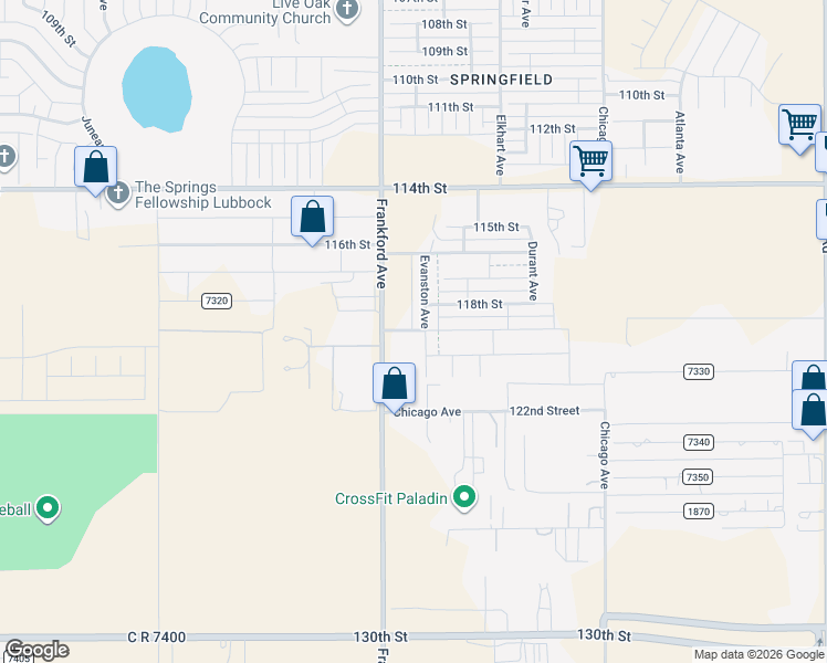 map of restaurants, bars, coffee shops, grocery stores, and more near 11783-11999 Frankford Avenue in Lubbock