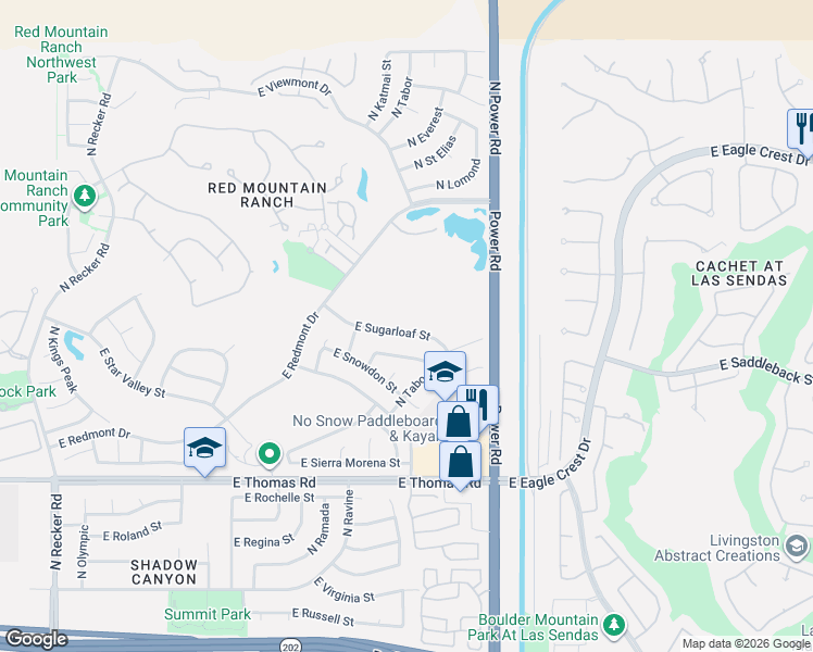 map of restaurants, bars, coffee shops, grocery stores, and more near 6638 East Sugarloaf Street in Mesa