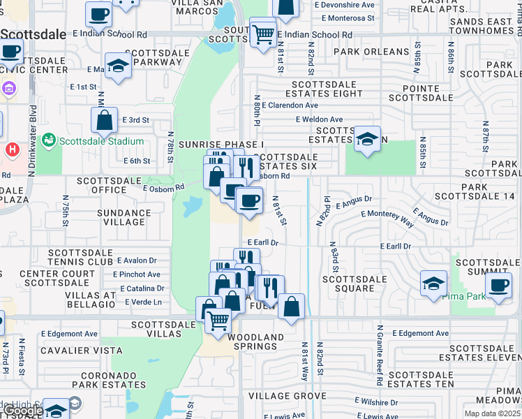 map of restaurants, bars, coffee shops, grocery stores, and more near 8030 East Monterey Way in Scottsdale