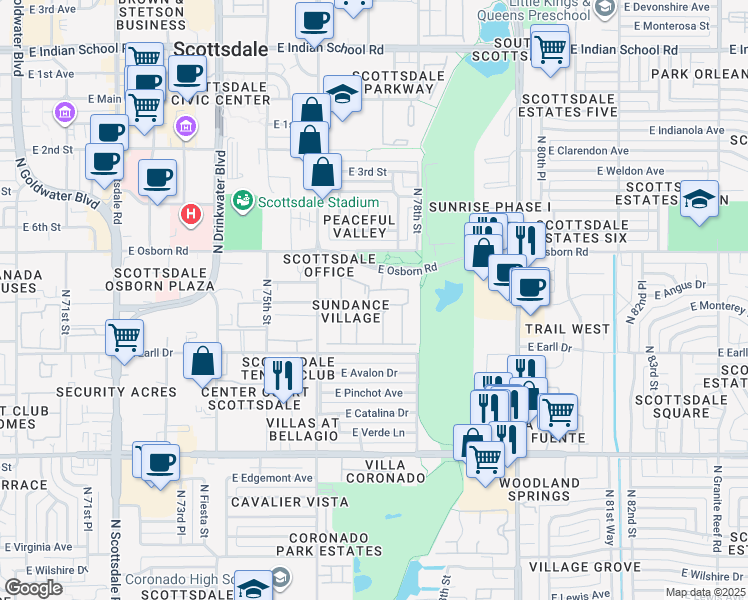 map of restaurants, bars, coffee shops, grocery stores, and more near 7701 East Osborn Road in Scottsdale