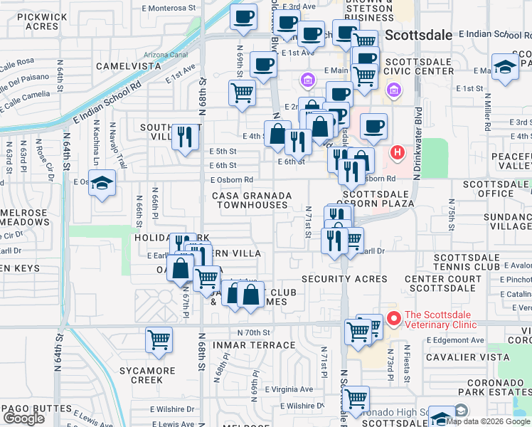 map of restaurants, bars, coffee shops, grocery stores, and more near 6957 East Osborn Road in Scottsdale