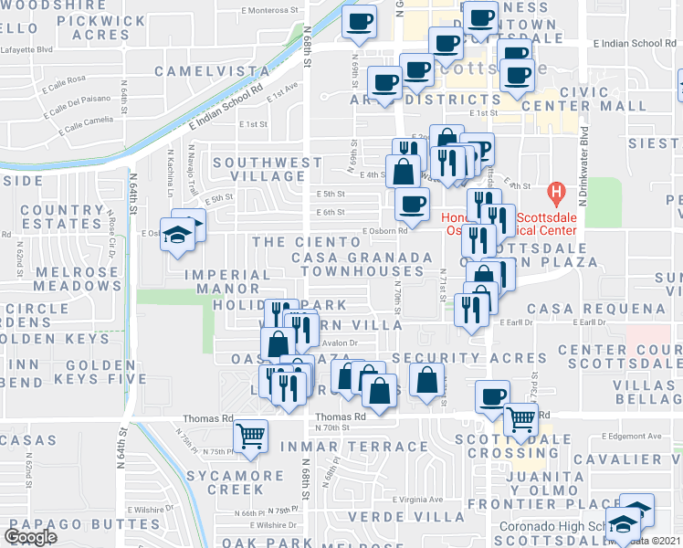 map of restaurants, bars, coffee shops, grocery stores, and more near 6861 East Osborn Road in Scottsdale