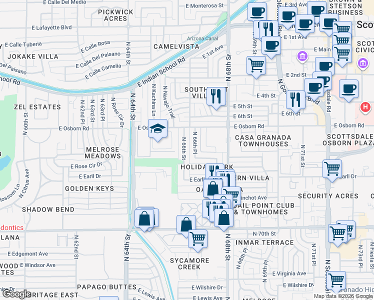 map of restaurants, bars, coffee shops, grocery stores, and more near 3238 North 66th Street in Scottsdale