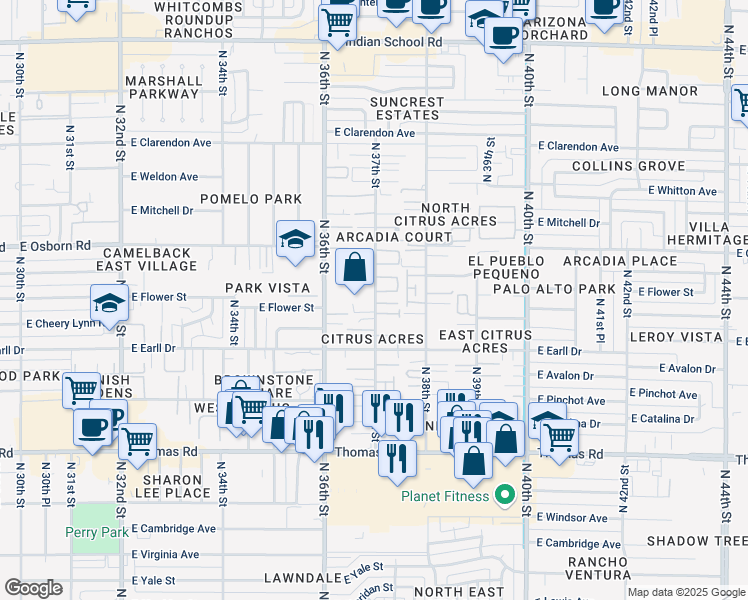 map of restaurants, bars, coffee shops, grocery stores, and more near 3141 North 37th Street in Phoenix