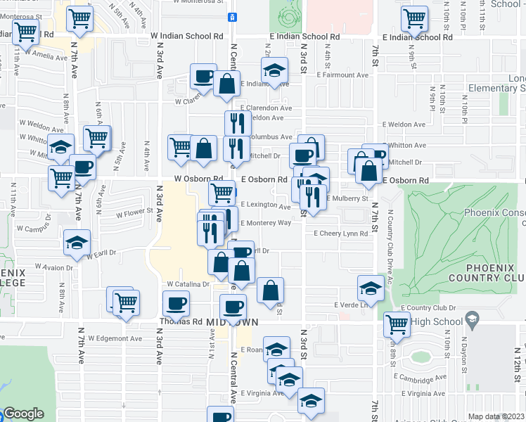 map of restaurants, bars, coffee shops, grocery stores, and more near 25 East Lexington Avenue in Phoenix