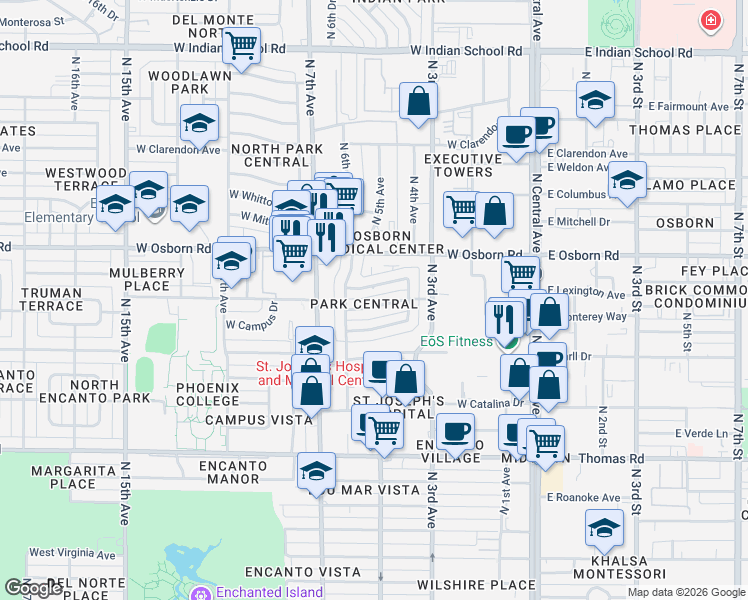 map of restaurants, bars, coffee shops, grocery stores, and more near 414 West Flower Street in Phoenix