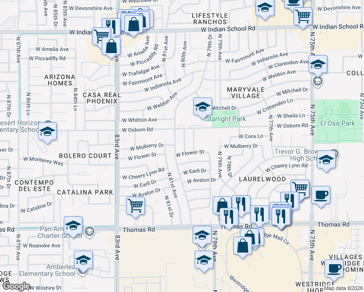 map of restaurants, bars, coffee shops, grocery stores, and more near 3319 North 80th Drive in Phoenix