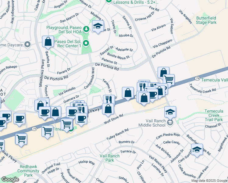 map of restaurants, bars, coffee shops, grocery stores, and more near 43154 Teramo Street in Temecula
