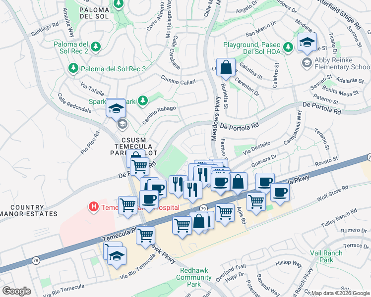 map of restaurants, bars, coffee shops, grocery stores, and more near 44158 Calle Ciuita in Temecula