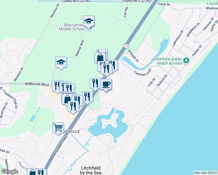 map of restaurants, bars, coffee shops, grocery stores, and more near 14276 Ocean Highway in Pawleys Island
