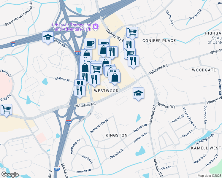 map of restaurants, bars, coffee shops, grocery stores, and more near 4010 Wheeler Woods Road in Augusta