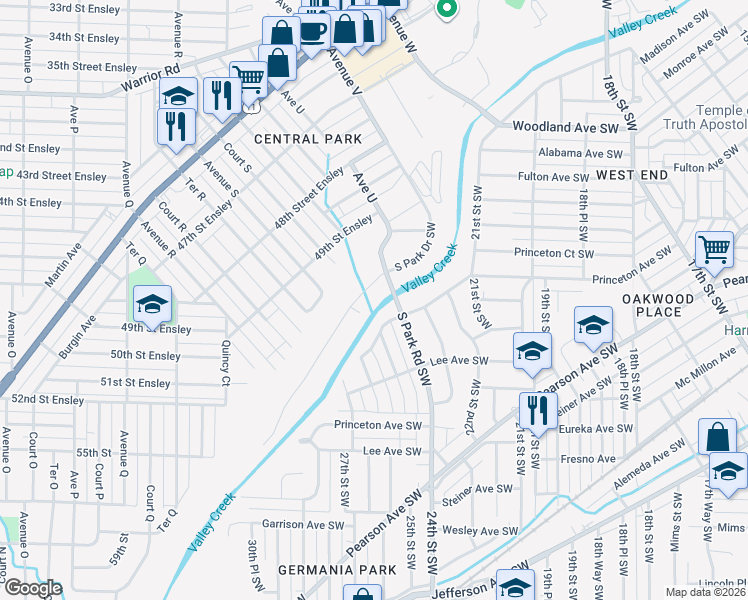 map of restaurants, bars, coffee shops, grocery stores, and more near 38 South Park Road Southwest in Birmingham