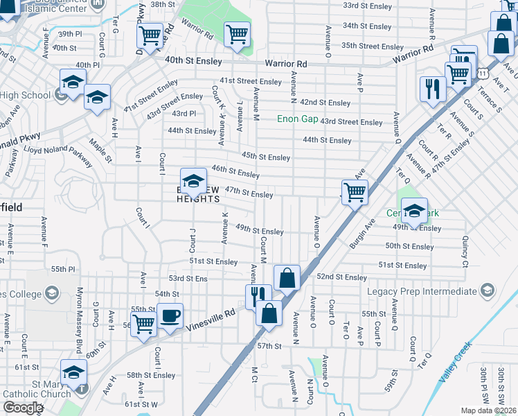 map of restaurants, bars, coffee shops, grocery stores, and more near 1132 48th Street Ensley in Birmingham