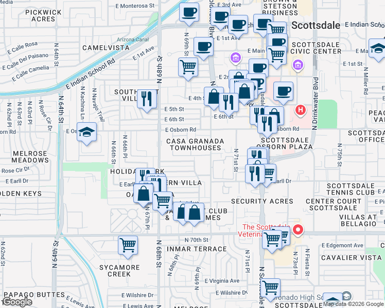 map of restaurants, bars, coffee shops, grocery stores, and more near 6957 East Osborn Road in Scottsdale