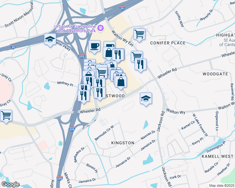 map of restaurants, bars, coffee shops, grocery stores, and more near 4008 Wheeler Woods Road in Augusta