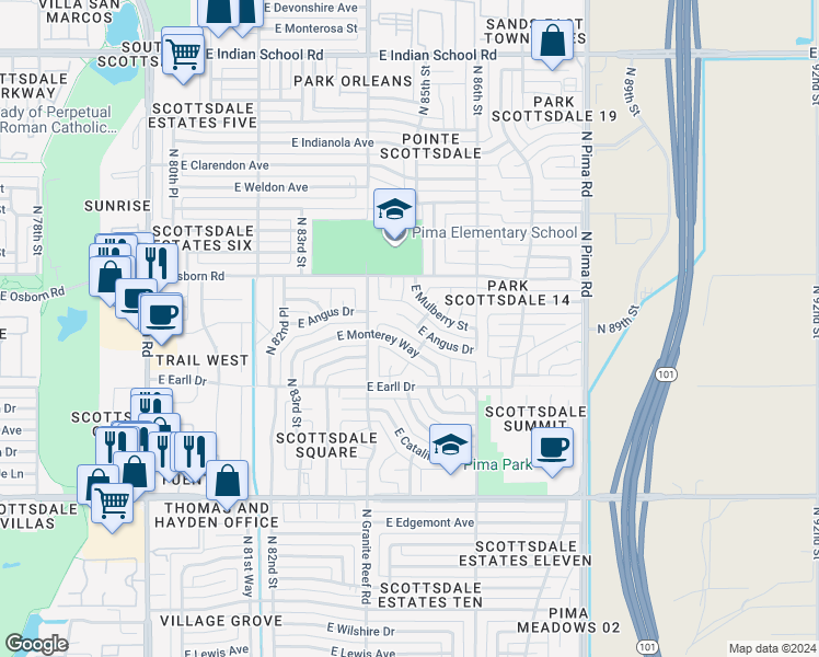 map of restaurants, bars, coffee shops, grocery stores, and more near 8433 East Angus Drive in Scottsdale