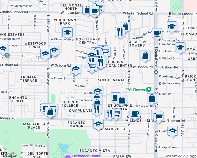 map of restaurants, bars, coffee shops, grocery stores, and more near 3300 North 7th Avenue in Phoenix