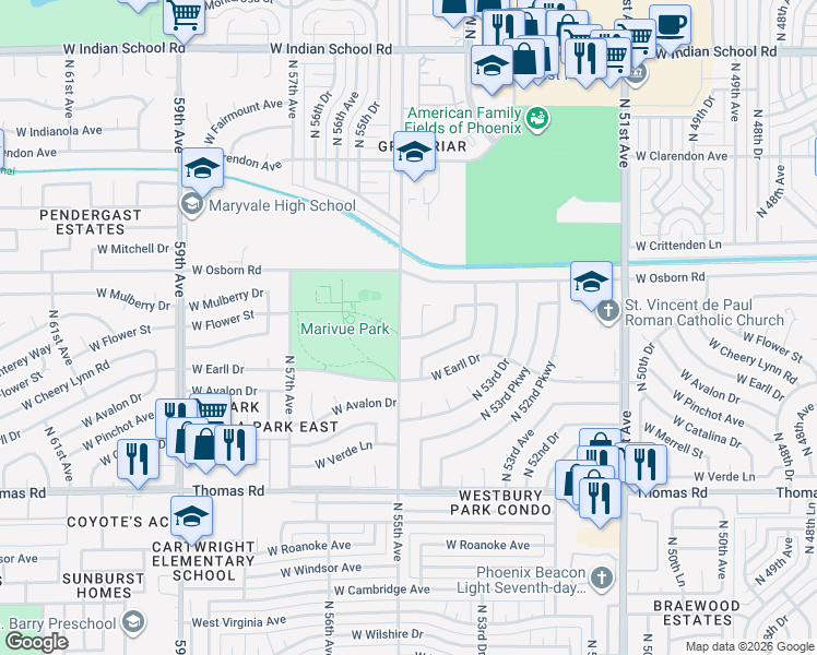 map of restaurants, bars, coffee shops, grocery stores, and more near 3207 North 55th Avenue in Phoenix