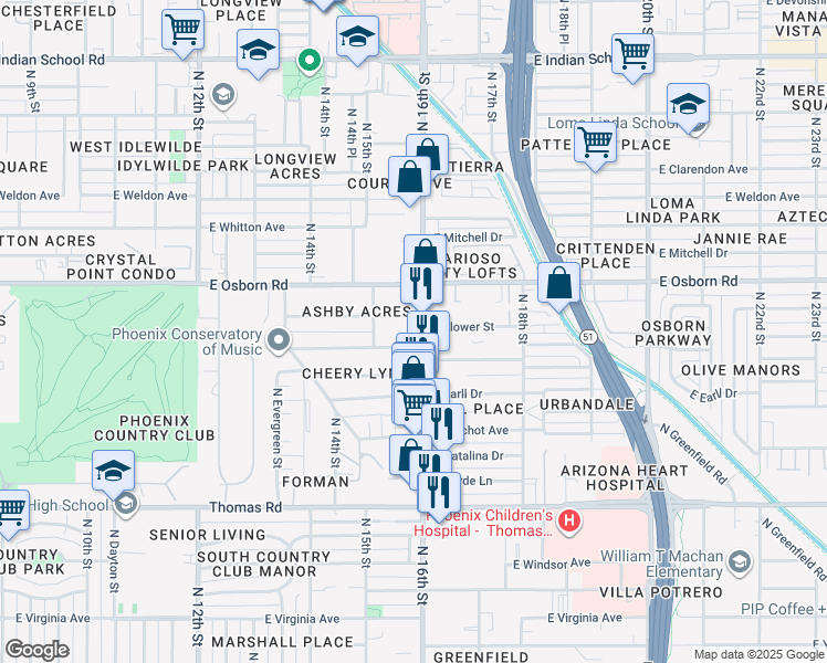 map of restaurants, bars, coffee shops, grocery stores, and more near 3242 North 16th Street in Phoenix