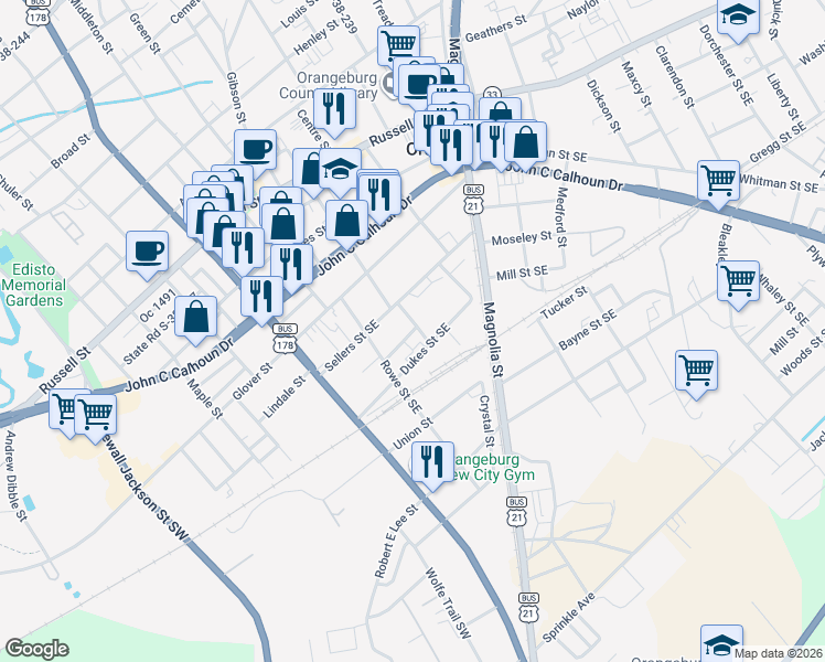 map of restaurants, bars, coffee shops, grocery stores, and more near 389 Jennings Court Southeast in Orangeburg